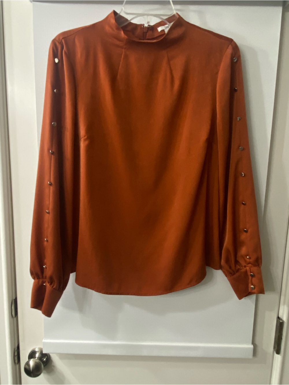 Bar III Burnt Orange Long-Sleeve Mock Neck Blouse with Stud Detailing